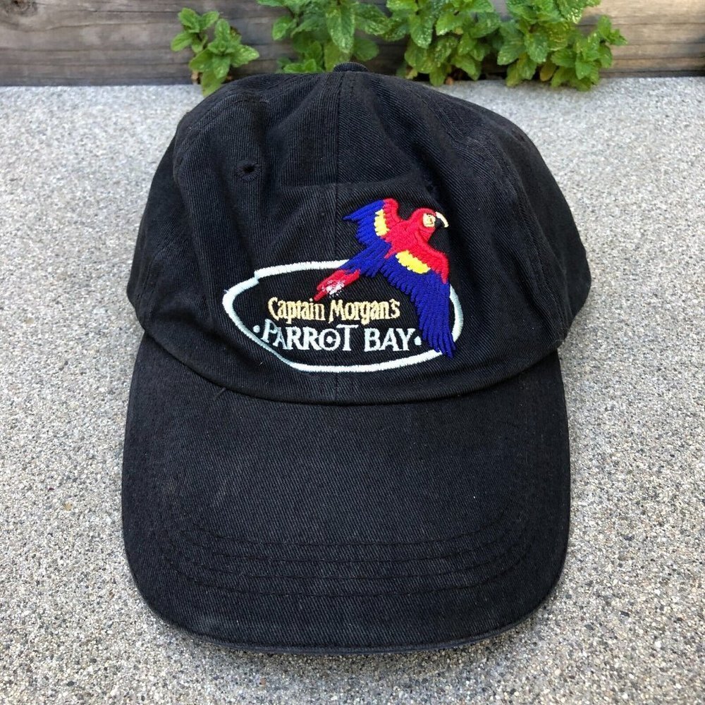 VTG 90s CAPTAIN MORGAN'S PARROT BAY Baseball Hat Men's Black Adjustable Cap​​​​